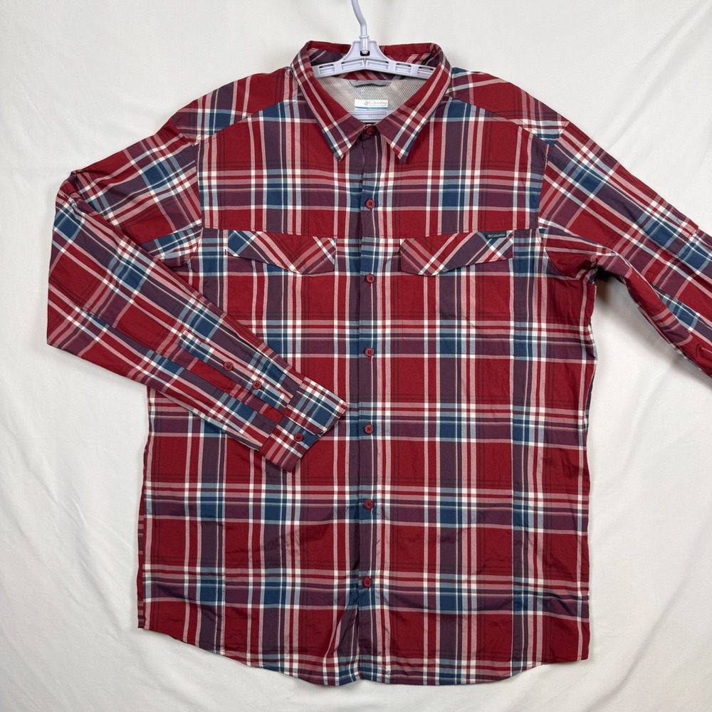 Columbia Omni-Shade Mens XL Red Blue Plaid Vented Long Sleeve Hiking Shirt